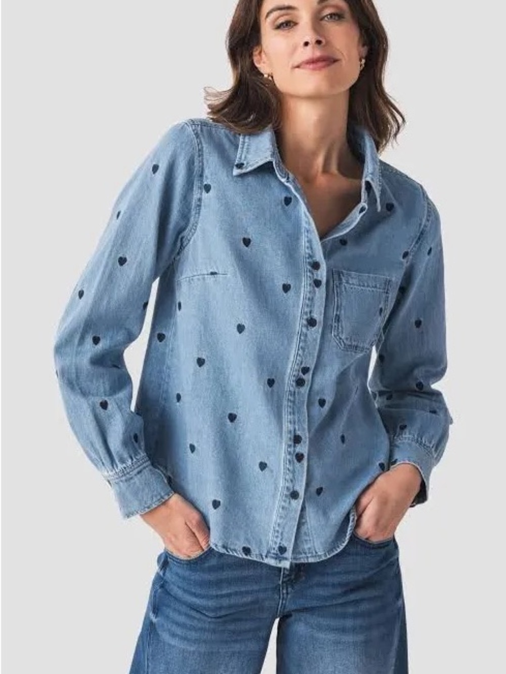 Women's Light Blue Heart-Print Denim Button-Down Shirt